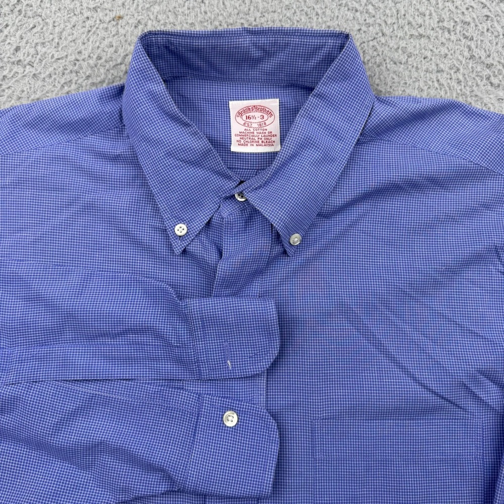 Brooks Brothers Button Down Shirt Mens 16.5-3 Blue Micro Check Long Sleeve